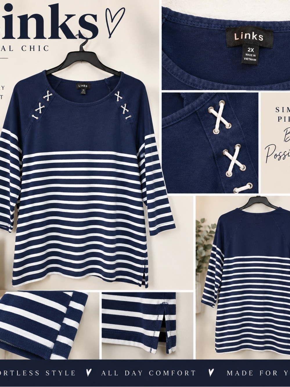 Links Navy and White Striped Long Sleeve Tee with Shoulder Lace Detail